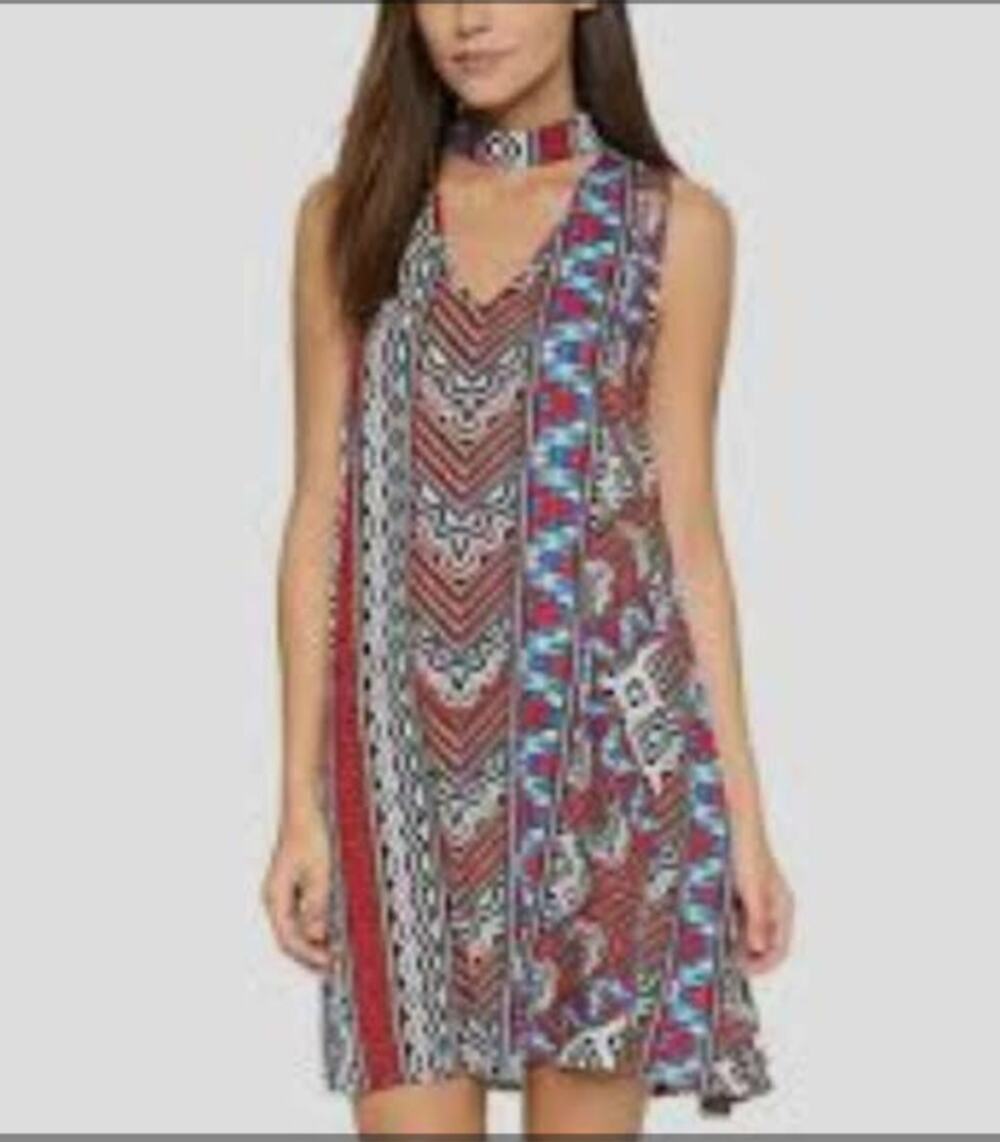 Minkpink Aztec Island Geometric Swing Dress Size Small Beaded Red White Blue